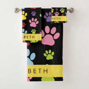 Colourful Paws, Paw Pattern, Dog Paws, Your Name Bath Towel Set