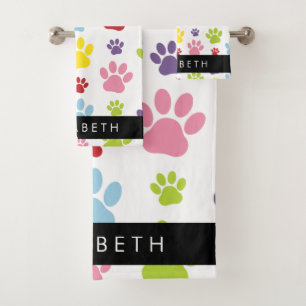 Colourful Paws, Paw Pattern, Dog Paws, Your Name Bath Towel Set
