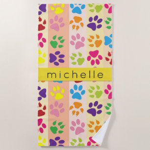 Colourful Paws, Paw Pattern, Dog Paws, Your Name Beach Towel