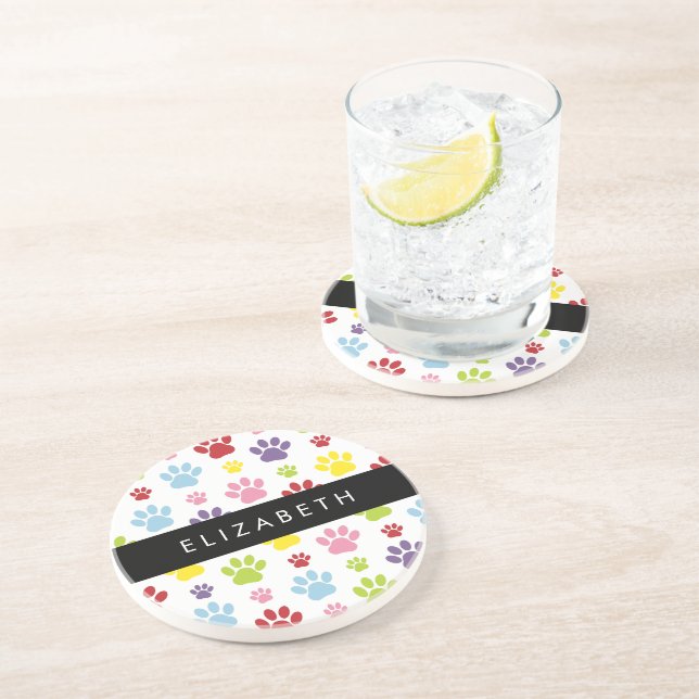 Colourful Paws, Paw Pattern, Dog Paws, Your Name Coaster (Side)