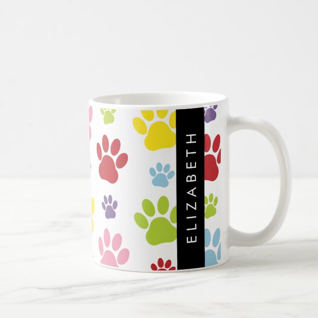 Colourful Paws, Paw Pattern, Dog Paws, Your Name Coffee Mug (Right)