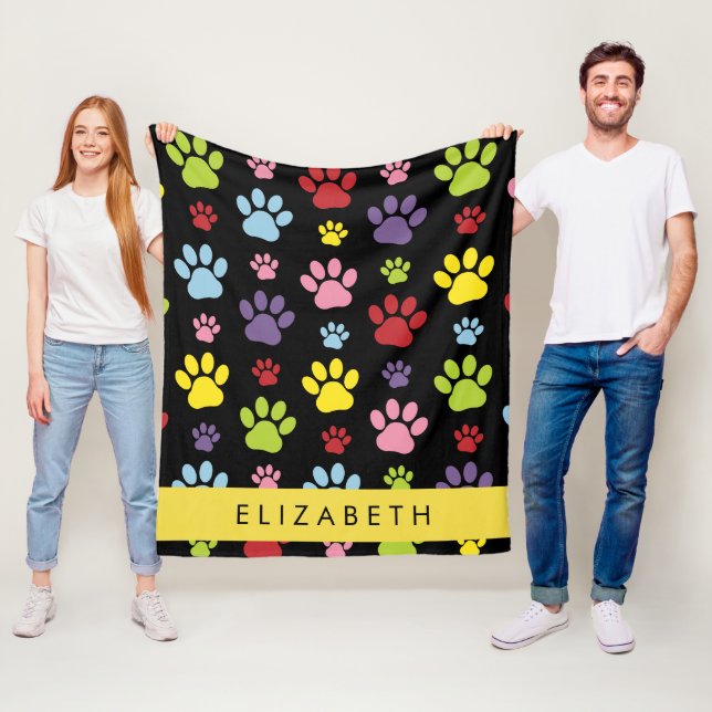 Colourful Paws, Paw Pattern, Dog Paws, Your Name Fleece Blanket (In Situ)