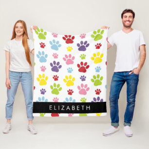 Colourful Paws, Paw Pattern, Dog Paws, Your Name Fleece Blanket
