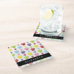 Colourful Paws, Paw Pattern, Dog Paws, Your Name Glass Coaster