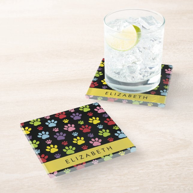 Colourful Paws, Paw Pattern, Dog Paws, Your Name Glass Coaster (Angled)