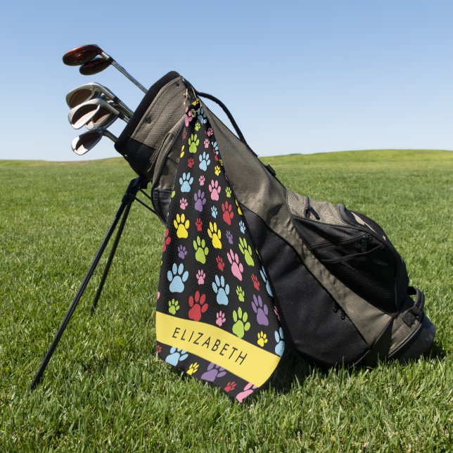 Colourful Paws, Paw Pattern, Dog Paws, Your Name Golf Towel (Green)