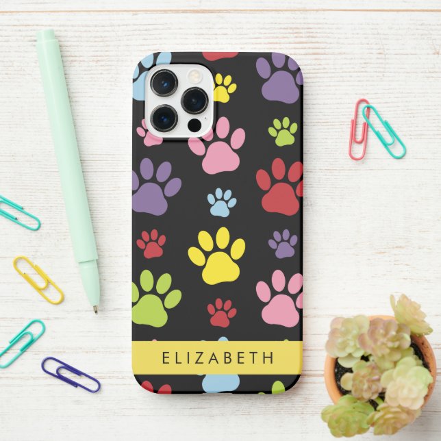 Colourful Paws, Paw Pattern, Dog Paws, Your Name iPhone Case (On Desk)