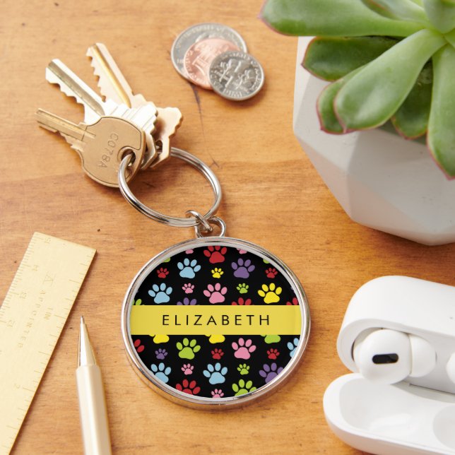 Colourful Paws, Paw Pattern, Dog Paws, Your Name Key Ring (Desk)