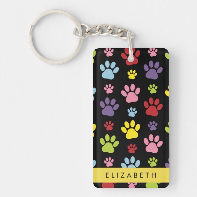 Colourful Paws, Paw Pattern, Dog Paws, Your Name Key Ring (Front)