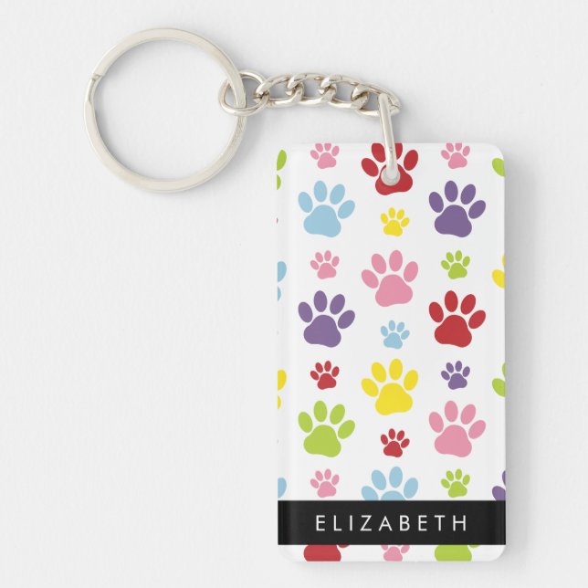 Colourful Paws, Paw Pattern, Dog Paws, Your Name Key Ring (Front)