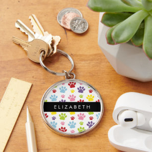 Colourful Paws, Paw Pattern, Dog Paws, Your Name Key Ring