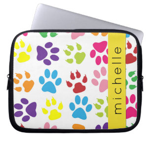 Colourful Paws, Paw Pattern, Dog Paws, Your Name Laptop Sleeve