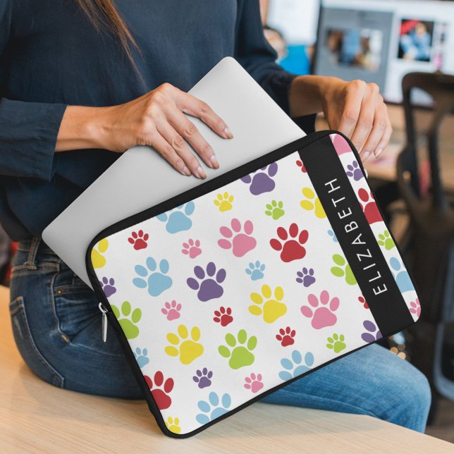 Colourful Paws, Paw Pattern, Dog Paws, Your Name Laptop Sleeve (Creator Uploaded)