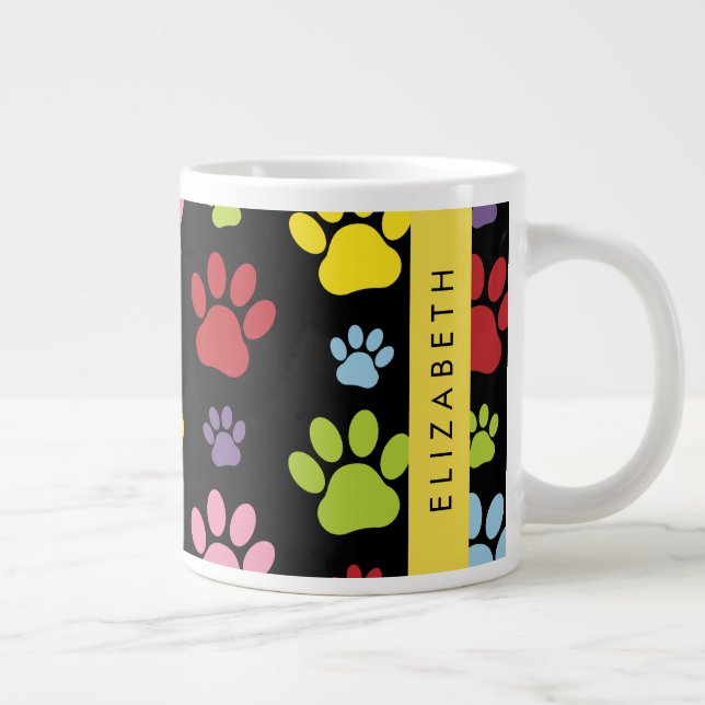 Colourful Paws, Paw Pattern, Dog Paws, Your Name Large Coffee Mug (Right)