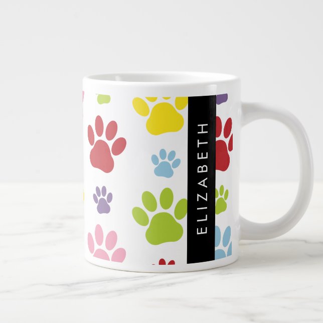 Colourful Paws, Paw Pattern, Dog Paws, Your Name Large Coffee Mug (Right)