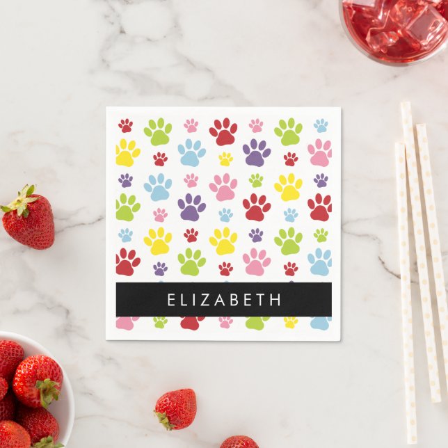 Colourful Paws, Paw Pattern, Dog Paws, Your Name Napkin (Insitu)