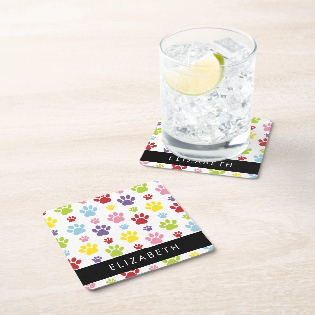 Colourful Paws, Paw Pattern, Dog Paws, Your Name Square Paper Coaster (Insitu)
