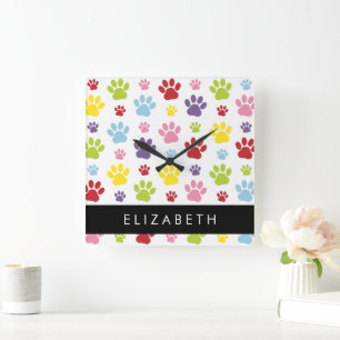 Colourful Paws, Paw Pattern, Dog Paws, Your Name Square Wall Clock