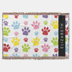 Colourful Paws, Paw Pattern, Dog Paws, Your Name Throw Blanket