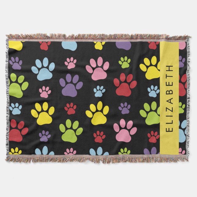 Colourful Paws, Paw Pattern, Dog Paws, Your Name Throw Blanket (Front)