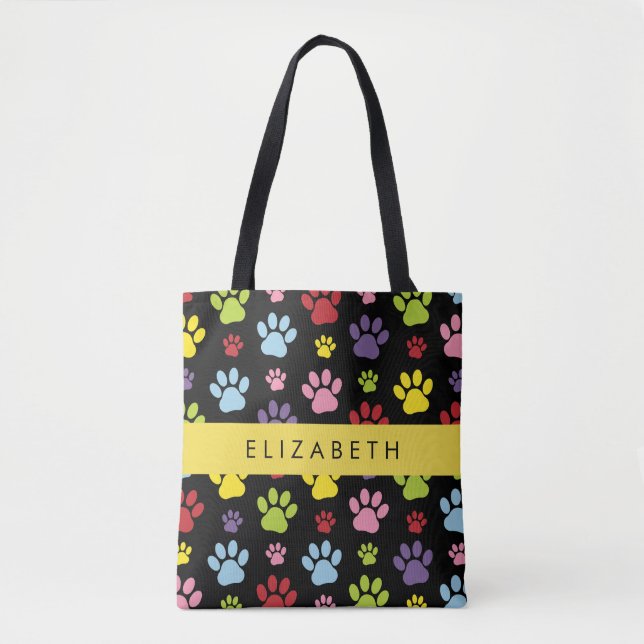 Colourful Paws, Paw Pattern, Dog Paws, Your Name Tote Bag (Front)