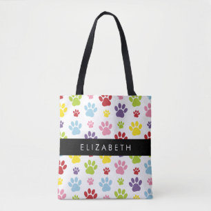 Colourful Paws, Paw Pattern, Dog Paws, Your Name Tote Bag