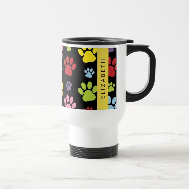Colourful Paws, Paw Pattern, Dog Paws, Your Name Travel Mug (Right)