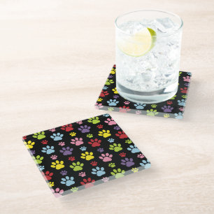 Colourful Paws, Paw Pattern, Paw Prints, Dog Paws Glass Coaster