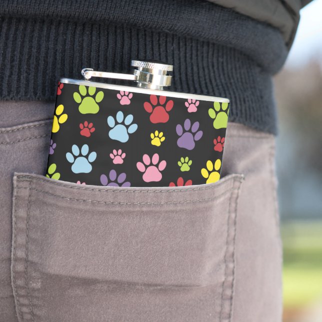 Colourful Paws, Paw Pattern, Paw Prints, Dog Paws Hip Flask (In Situ)