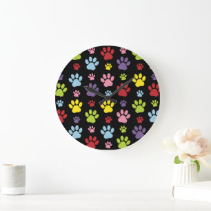 Colourful Paws, Paw Pattern, Paw Prints, Dog Paws Large Clock