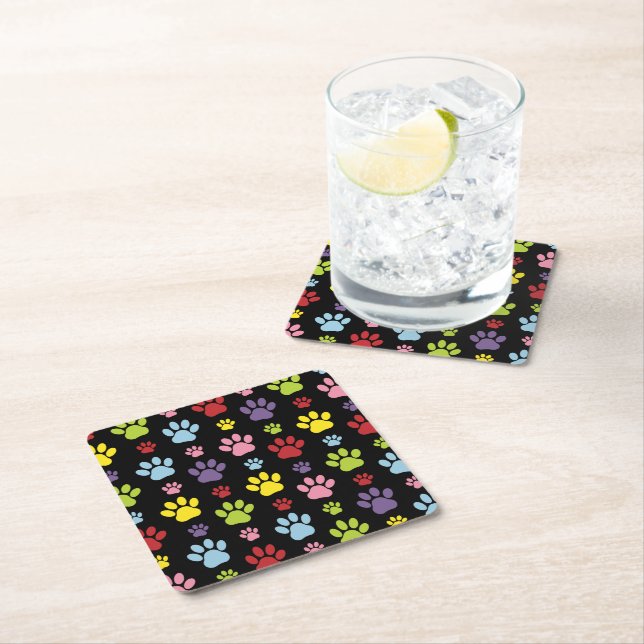 Colourful Paws, Paw Pattern, Paw Prints, Dog Paws Square Paper Coaster (Insitu)