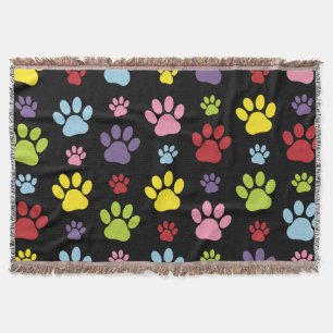 Colourful Paws, Paw Pattern, Paw Prints, Dog Paws Throw Blanket