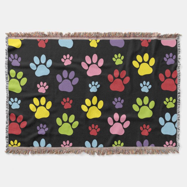 Colourful Paws, Paw Pattern, Paw Prints, Dog Paws Throw Blanket (Front)