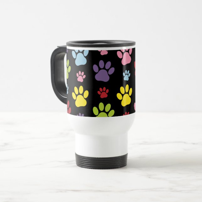 Colourful Paws, Paw Pattern, Paw Prints, Dog Paws Travel Mug (Front Left)