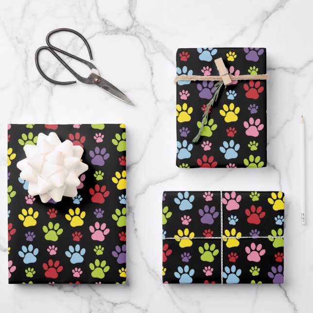 Colourful Paws, Paw Pattern, Paw Prints, Dog Paws Wrapping Paper Sheet (Front)