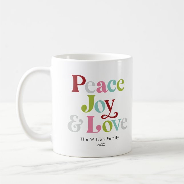 Colourful Peace Joy & Love Retro Christmas Family Coffee Mug (Left)