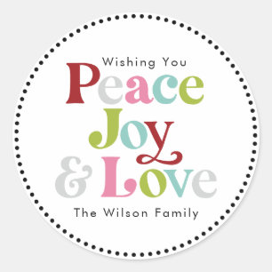 Colourful Peace Joy & Love Retro Christmas Holiday Classic Round Sticker