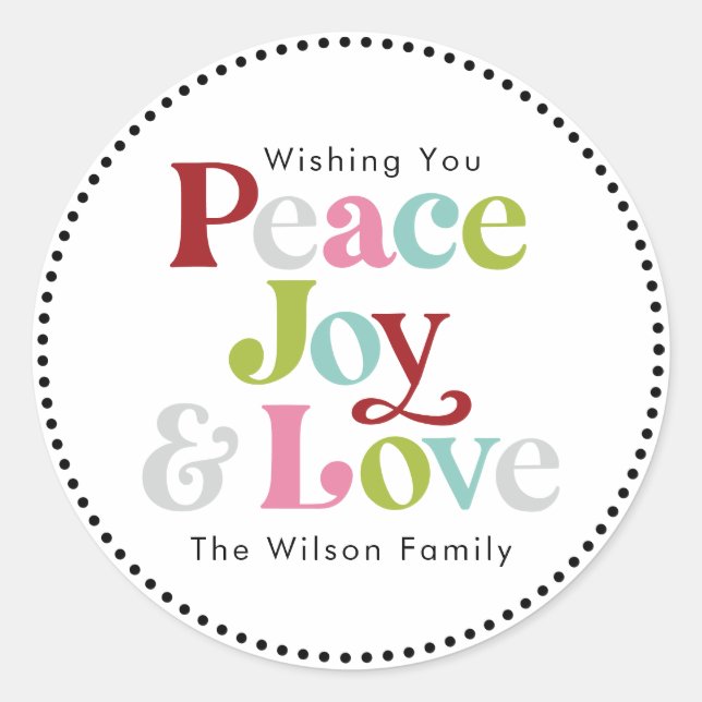 Colourful Peace Joy & Love Retro Christmas Holiday Classic Round Sticker (Front)