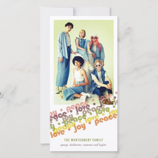Colourful Peace Love Joy Typography Stripes Photo Holiday Card (Front)