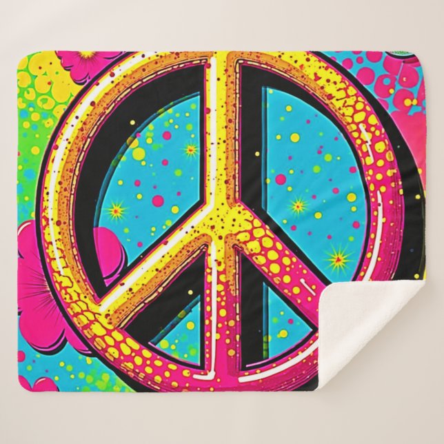 Colourful Peace & Love Vibe Sherpa Blanket (Front (Horizontal))