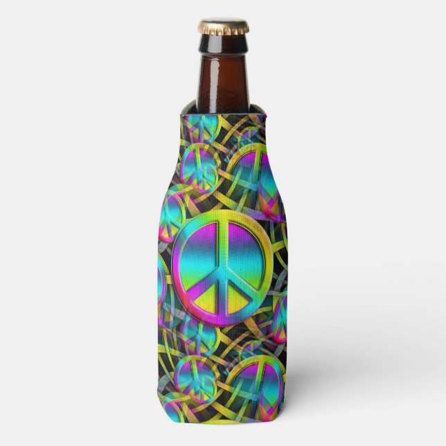Colourful PEACE seamless pattern + your ideas Bottle Cooler (Bottle Front)