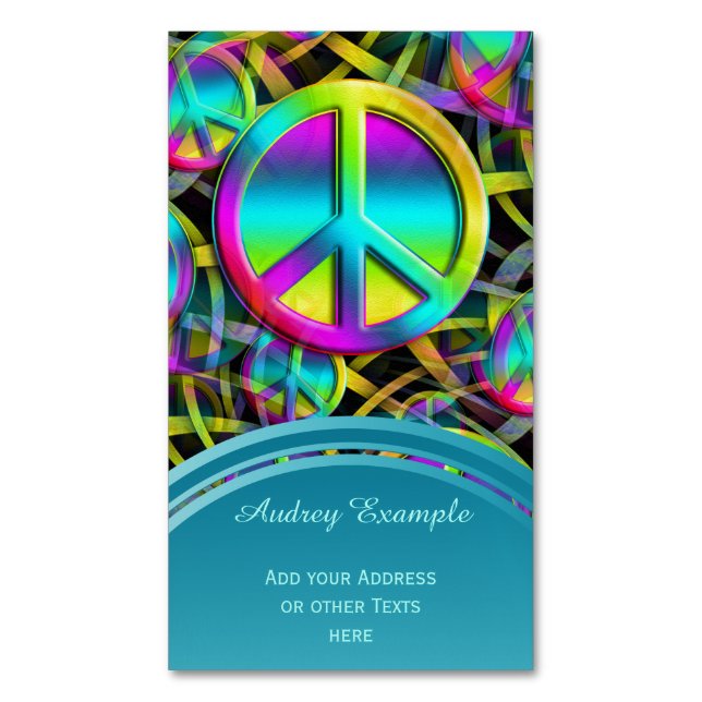 Colourful PEACE seamless pattern + your ideas Magnetic Business Card (Front Vertical)