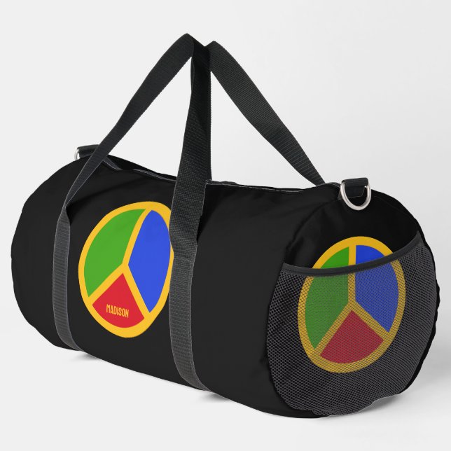 Colourful Peace Sign Custom Name Duffle Bag (Right Corner)
