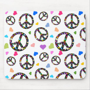 Colourful Peace symbol, flowers and Hearts Mouse Mat