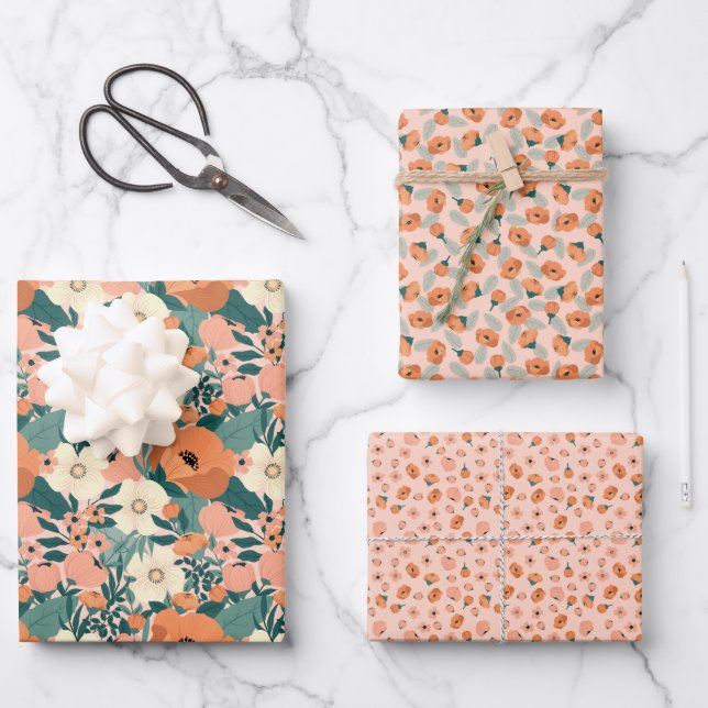 Colourful Peach Floral Wrapping Paper Sheet (Front)