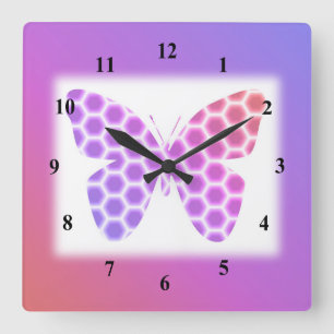 Colourful Peach Pink Purple Geometric Butterfly Square Wall Clock