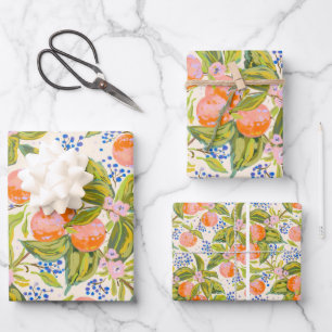 Colourful peaches with flowers wrapping paper sheet