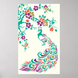 Colourful peacock and cherry blossoms poster