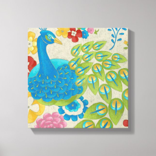 Colourful Peacock and Flowers Canvas Print (Front)