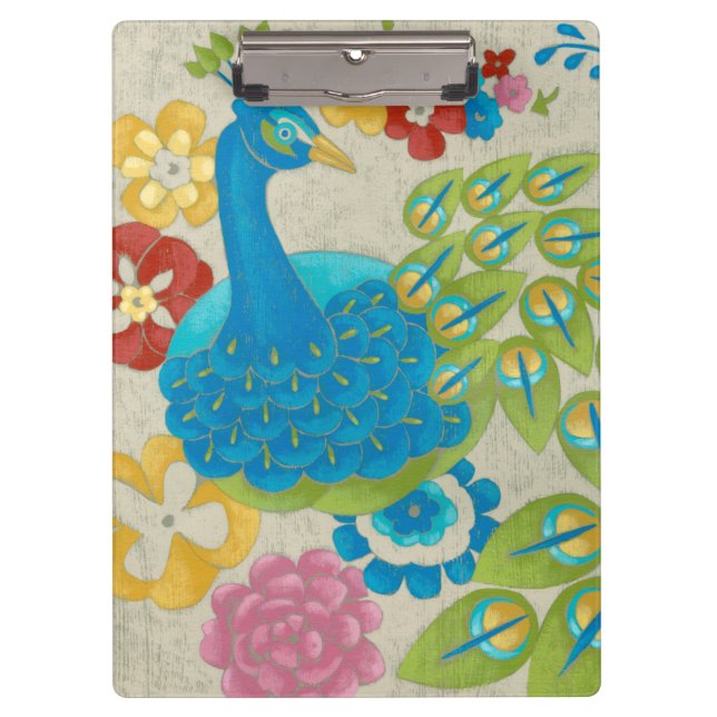 Colourful Peacock and Flowers Clipboard (Front)